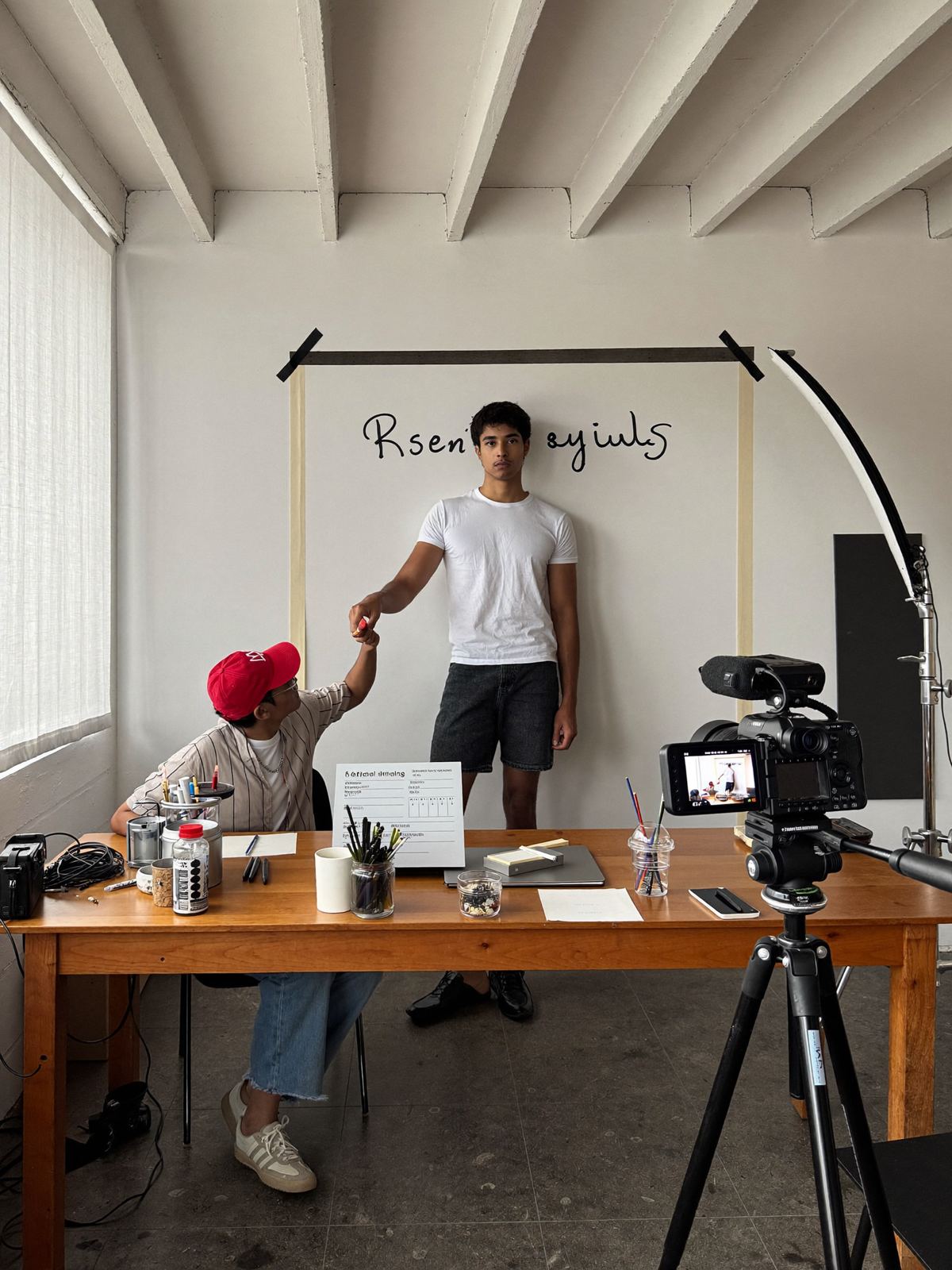 A model introducing himself on camera at a casting